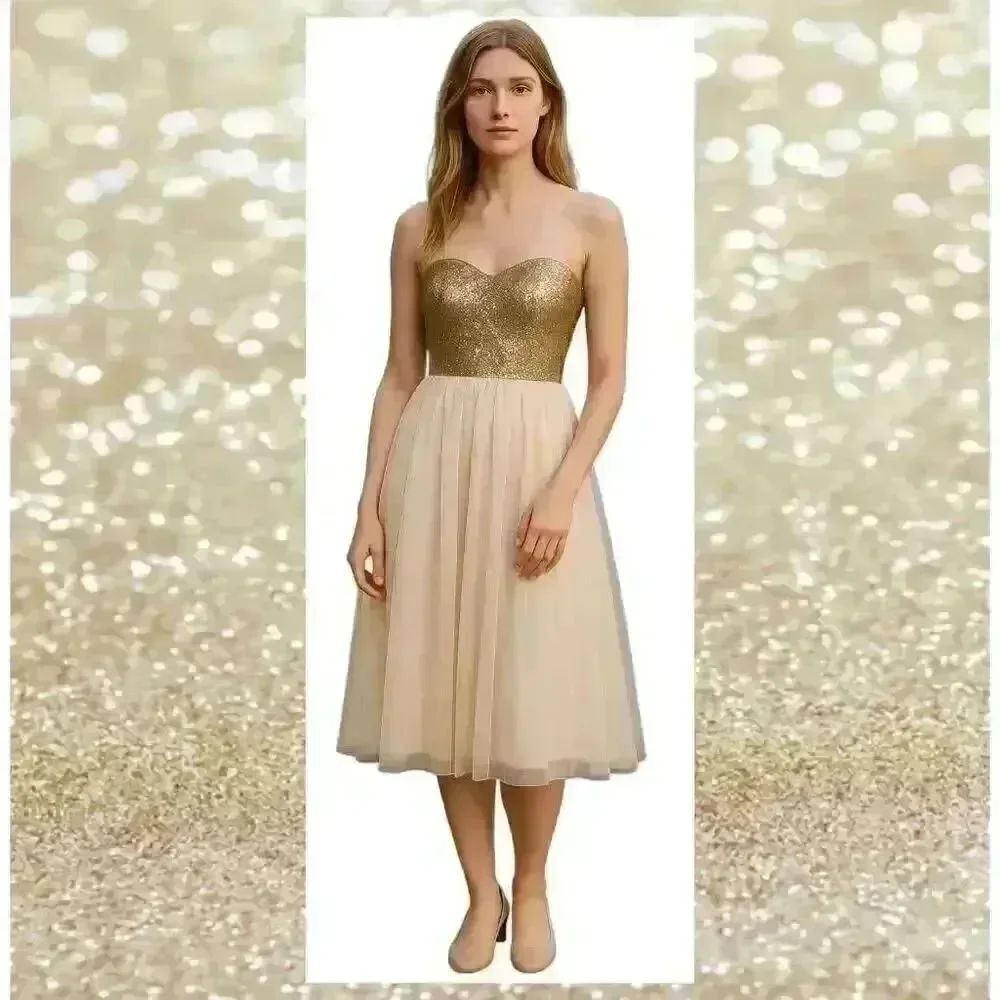 Christina Wu Prom Gown Gold Sequin Sweetheart Bodice Champagne Maxi Dress